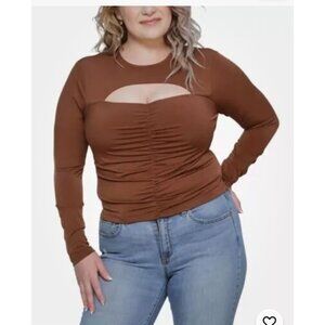 Just‎ Polly NY Ruched Cut-Out Top 3X Chocolate Brown Long Sleeve